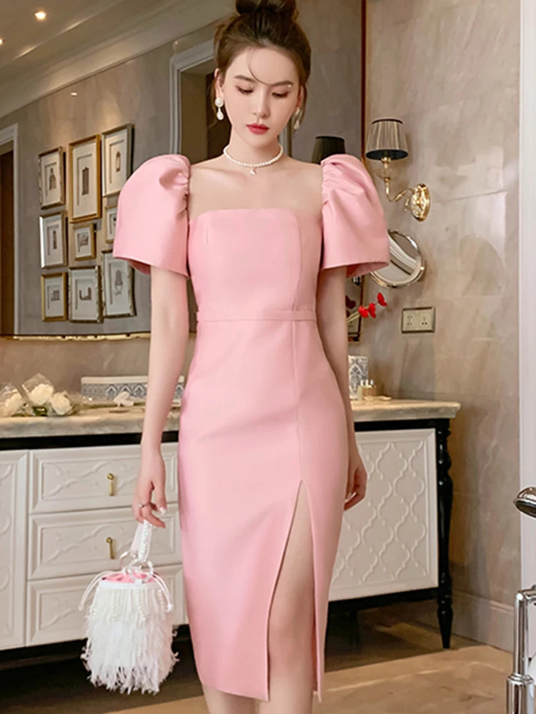 pink dress with slit on side Hot Pink Strapless Side Slit Gown
