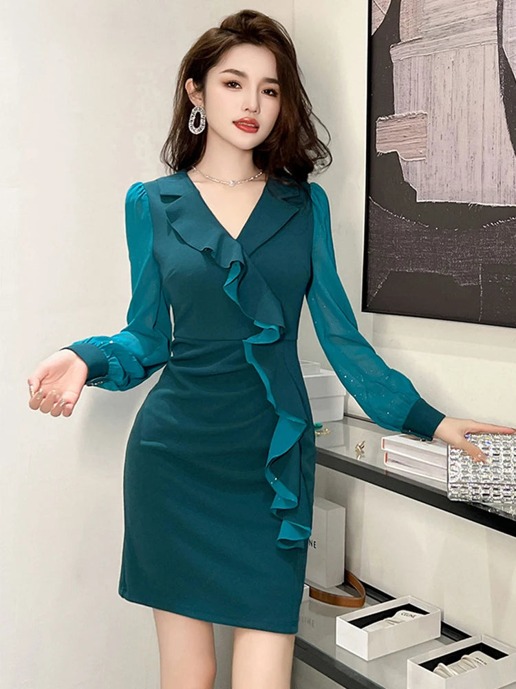 Fashion Lady Work Style Formal Commute Pencil Dresses Women Clothing  Elegant Office Ruffle Sexy V-neck Slim Mini Short Vestidos