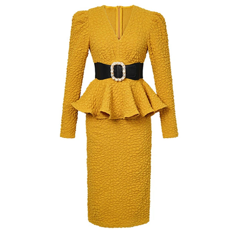 Black Peplum Dress With Stylish Belt Accent on Luulla