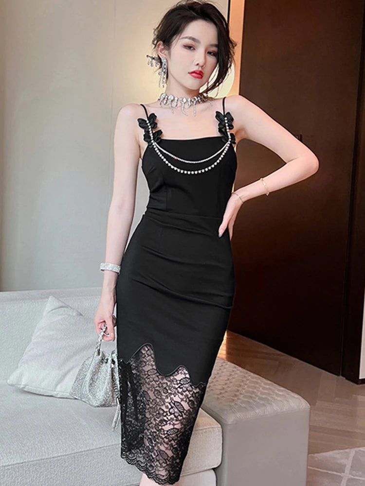 Chic Black Lace Trim Bodycon Party Dress on Luulla