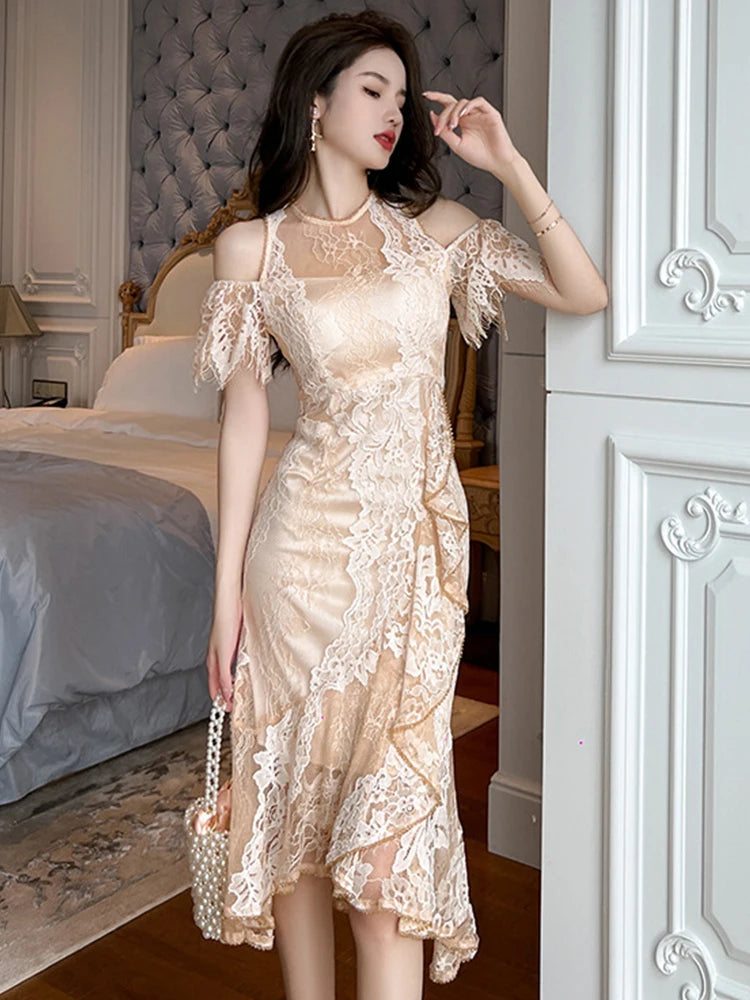 Lace Cold Shoulder Beige Evening Gown Dress
