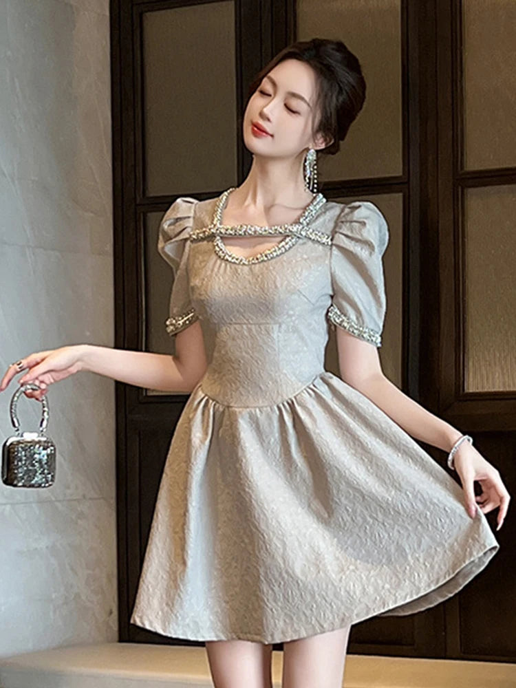 modern puff sleeve dress Strapless Short Puff-Sleeve Homecoming Dress -PromGirl Champagne / 10