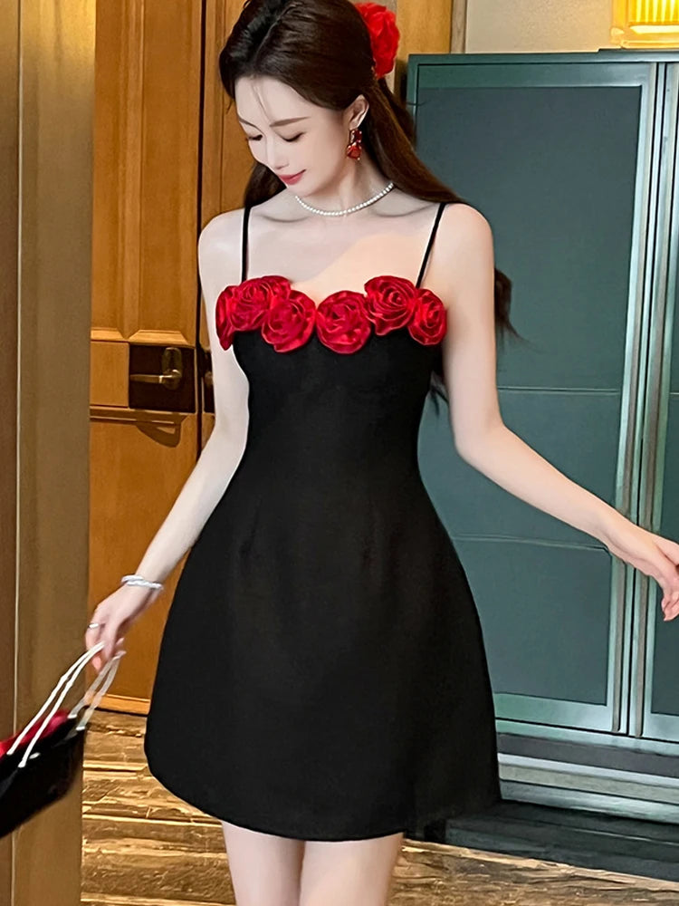 Summer French Romance Black Floral Evening Dress Women Clothes Sweet Sexy Sling Slim A-line Short Party Club Prom Vestido Fiesta