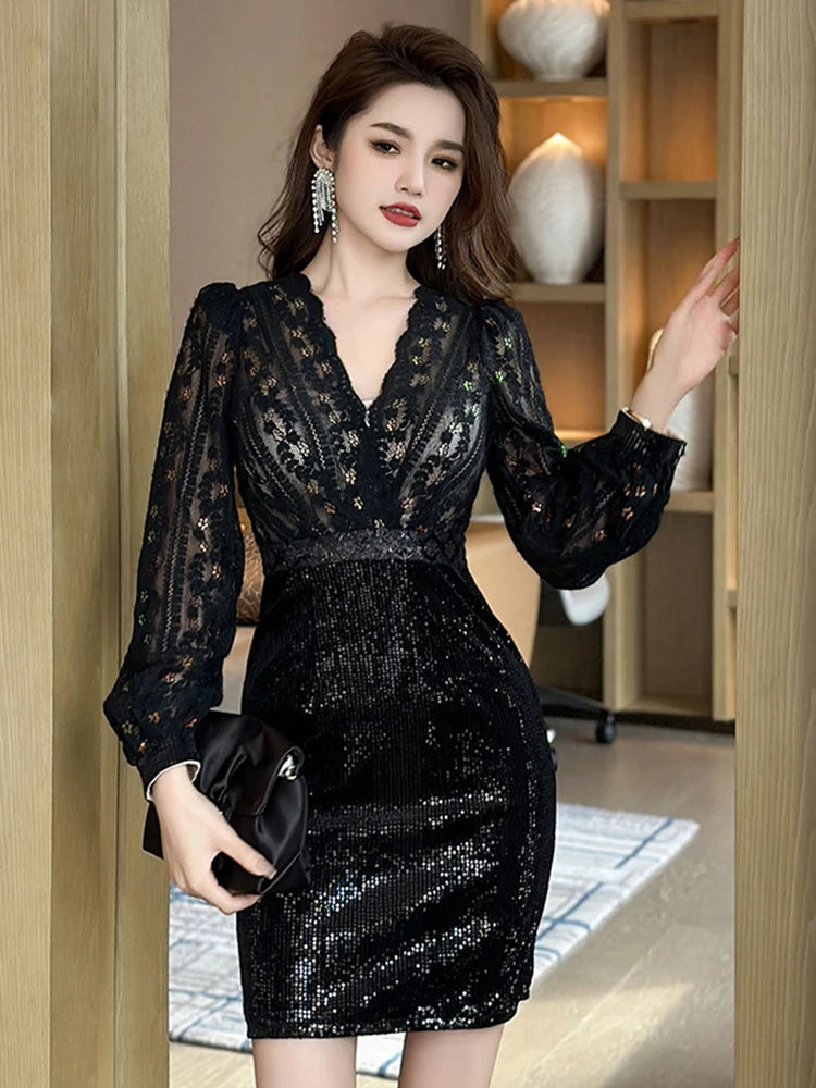 black lace sparkle dress Black lace sequinned dress main image 1