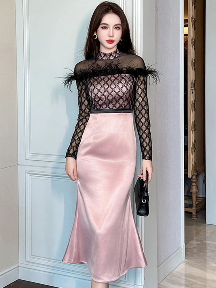 Lace Mesh Top With Pink Satin Skirt on Luulla