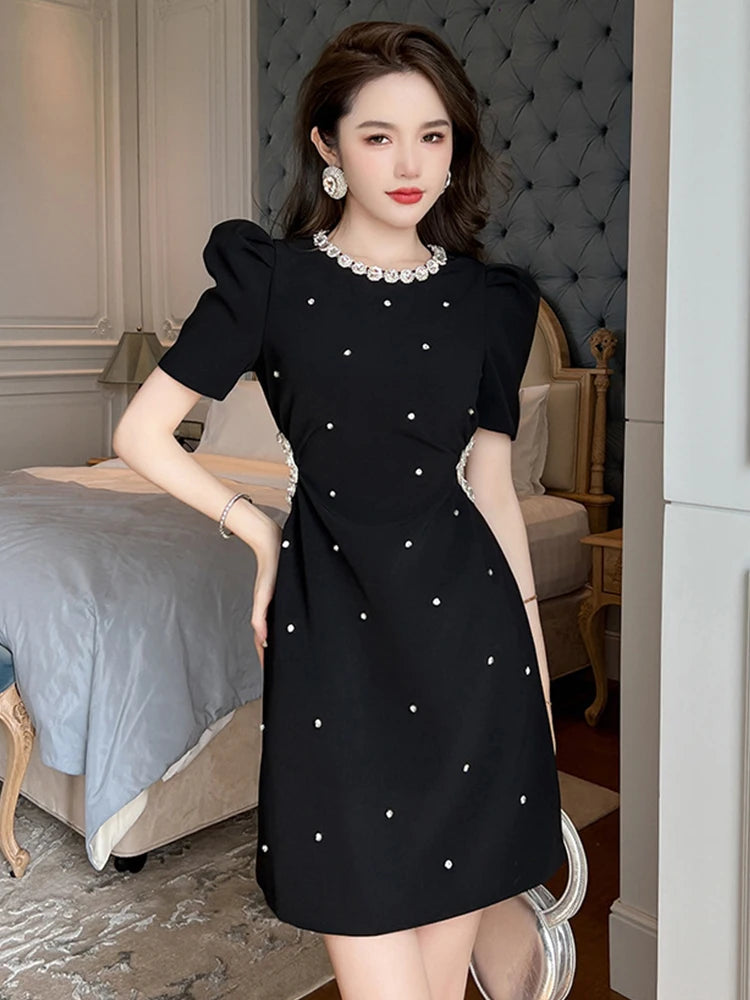 black dress with pearl embellishment Miss Circle Women Rachael Black Velvet Pearl Embellished Gown