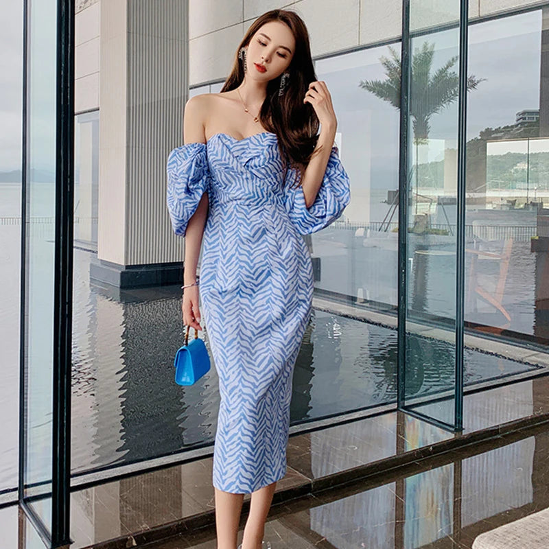 Blue Off-Shoulder Puff Sleeve Midi Dress