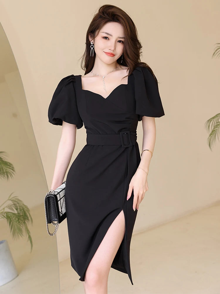 Summer Elegant Women Evening Dress Chic Black Sexy Puff Sleeve Slit Slim Midi Pencil Party Club Prom Femme Mujer Vestidos