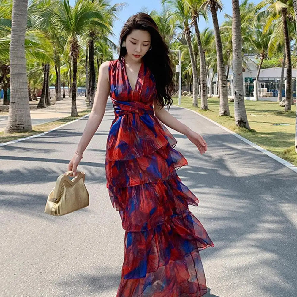 Red chiffon ruffle layer maxi dress hot sale
