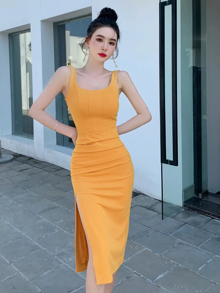 Sleeveless Yellow Bodycon Dress With Side Slit
