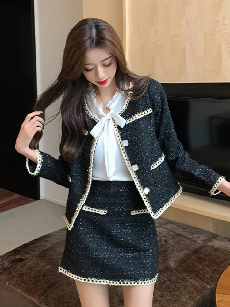 Chic Womens Black Tweed Skirt Suit Set on Luulla