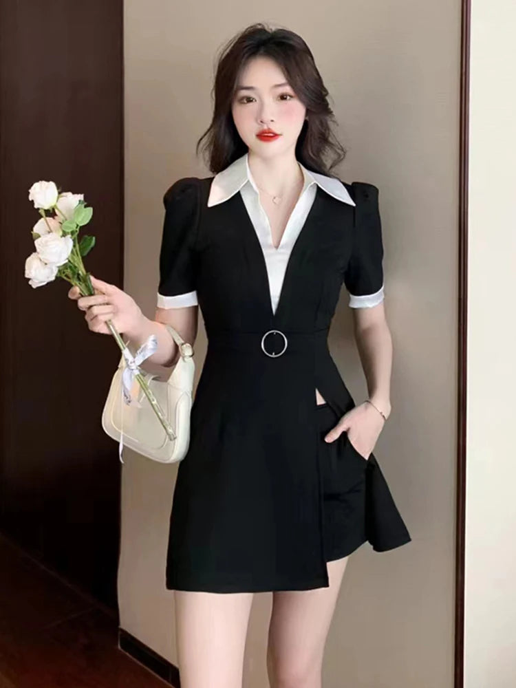 red and black evening dress Mini Knit Dress in Black with White Flower main image 0