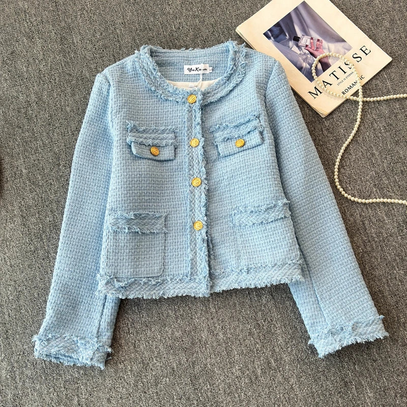 Chic Womens Blue Tweed Jacket With Pockets on Luulla