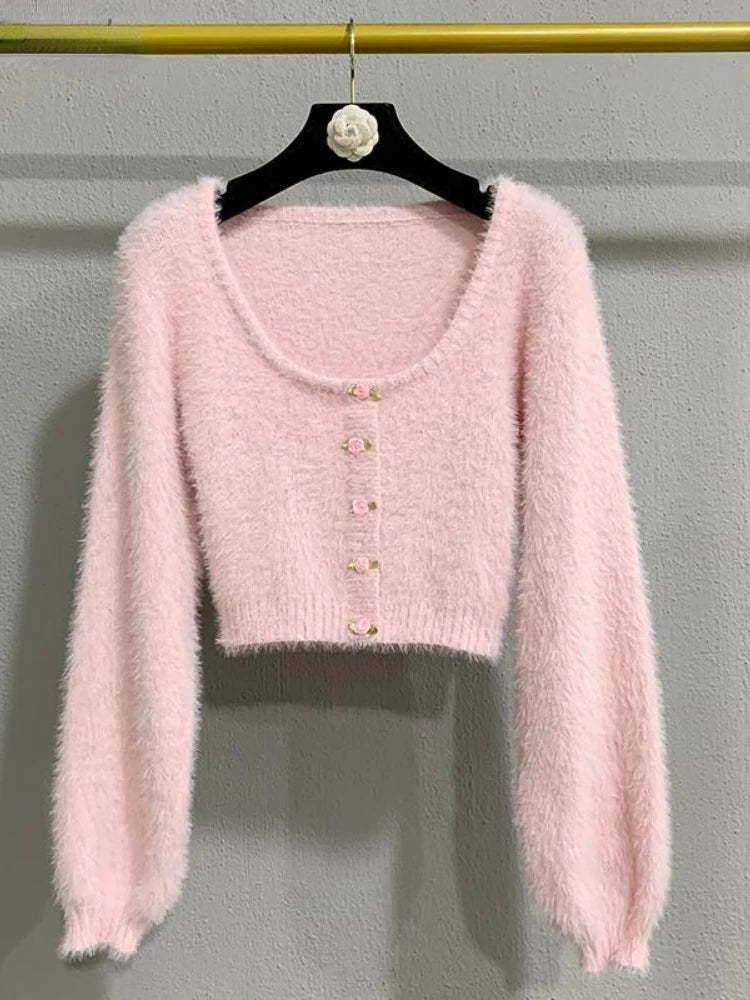 Fuzzy Pink Short Cardigan Soft Pink Button-up Fuzzy Cropped Cardigan