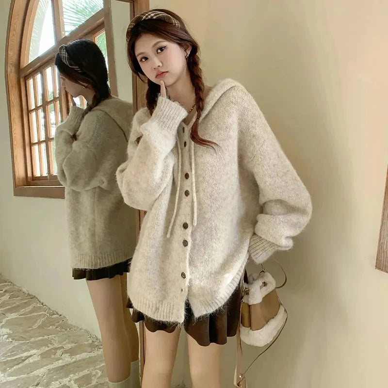 Cozy Oversized Knit Cardigan With Hooded Detail