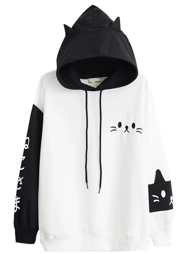 Cozy Black And White Cat Hoodie For Women on Luulla