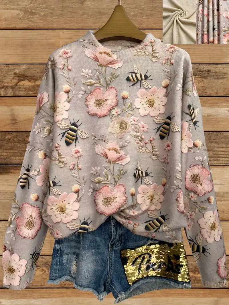 Bloemenbij Geborduurde Dames Casual Gebreide Trui
