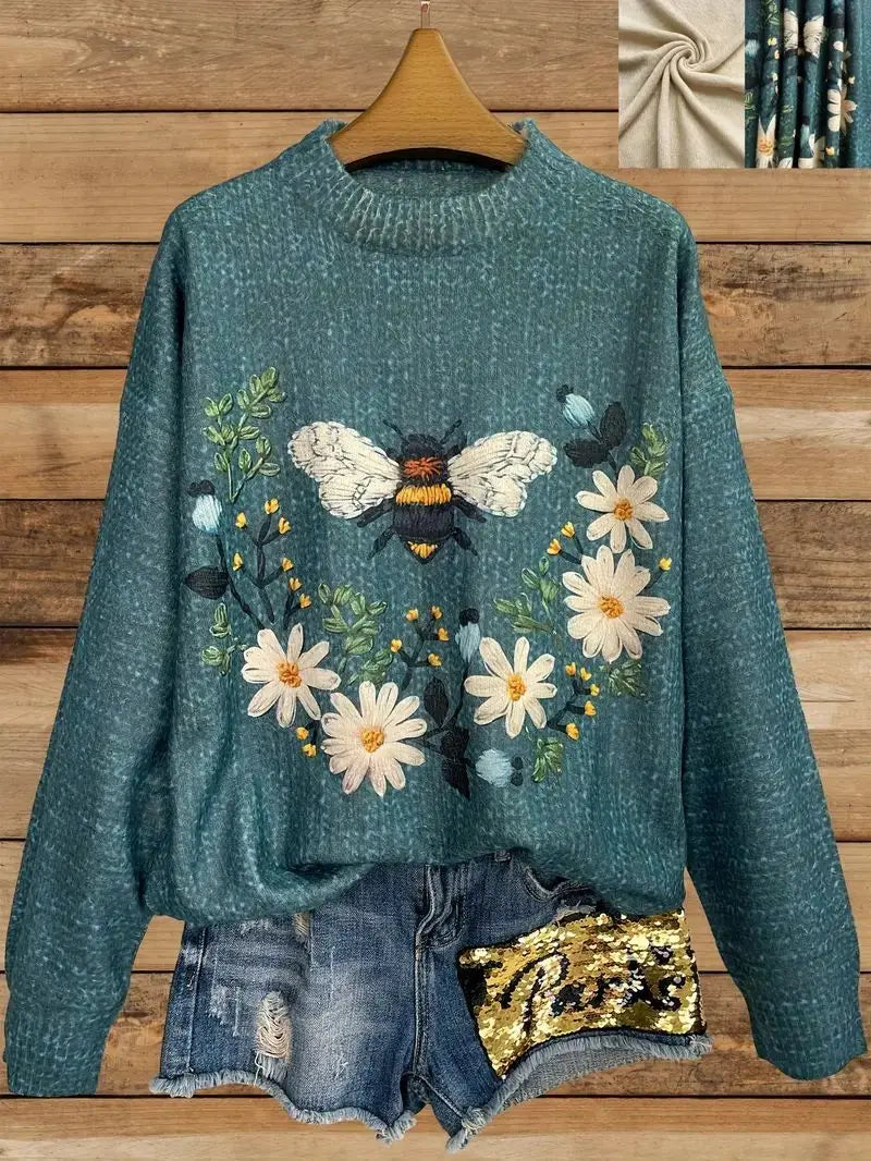 Bloemenbij Geborduurde Dames Casual Gebreide Trui