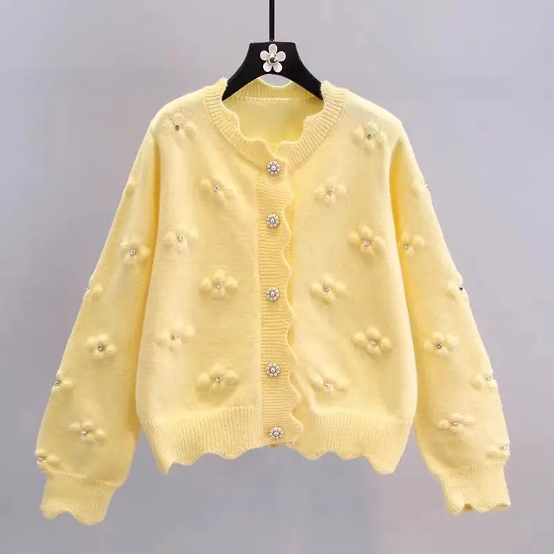 ブランドのギフト Cozy Yellow Knit Cardigan With Flower Details E on Luulla トップス