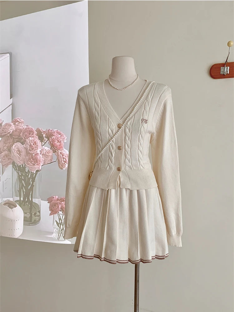 Autumn Winter Retro Women Old Money Vintage Knitwears Suit Elegant Outfits 2 Piece Set V-neck Cardigan Tops + Mini Pleated Skirt
