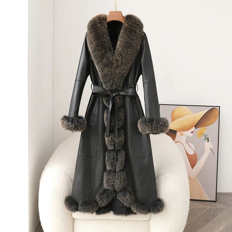 Luxurious Faux Fur Trim Black Leather Coat