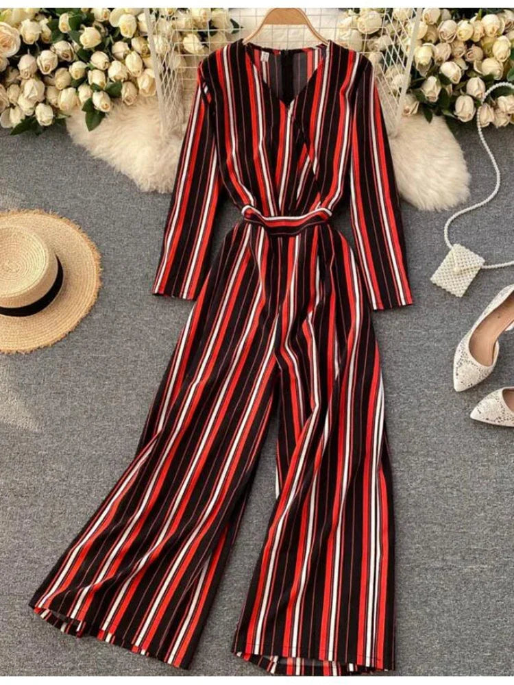 Fashionbeat Striped Long Sleeve Belted Red Jumpsuit Women