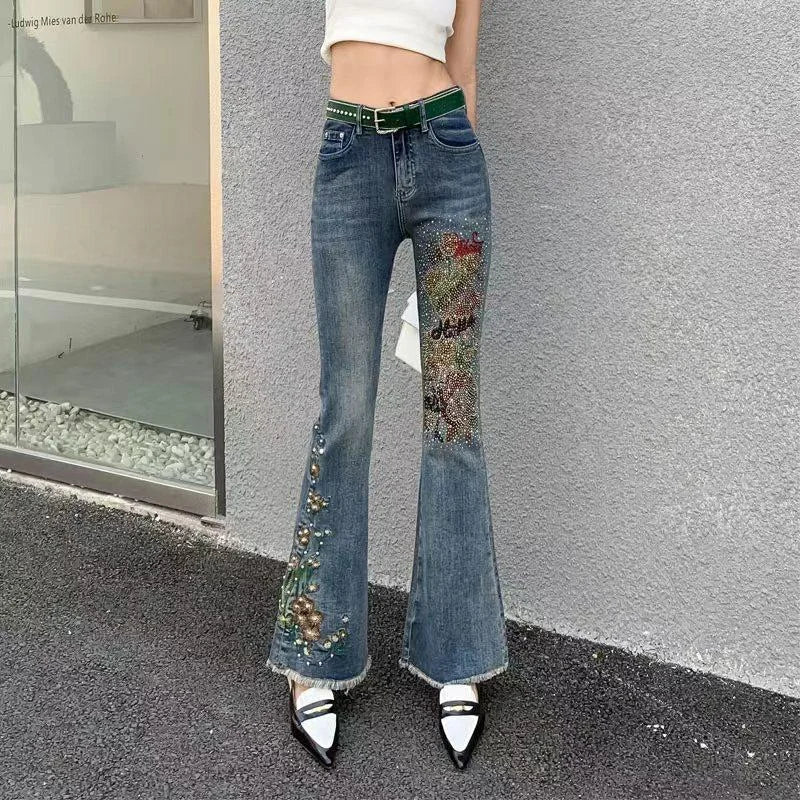 Vintage High-waisted Embroidered Flare Denim Jeans on Luulla