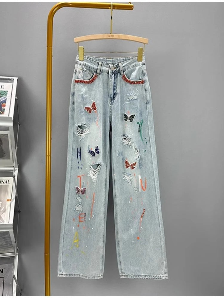 Summer High Waisted Distressed Floor Mopping Jeans Women Korean Casual  Loose Butterfly Nail Drill Painted Denim Wide Leg Pants