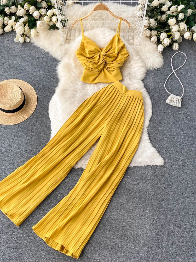 Chic Yellow Ruched Top And Pleated Pants on Luulla