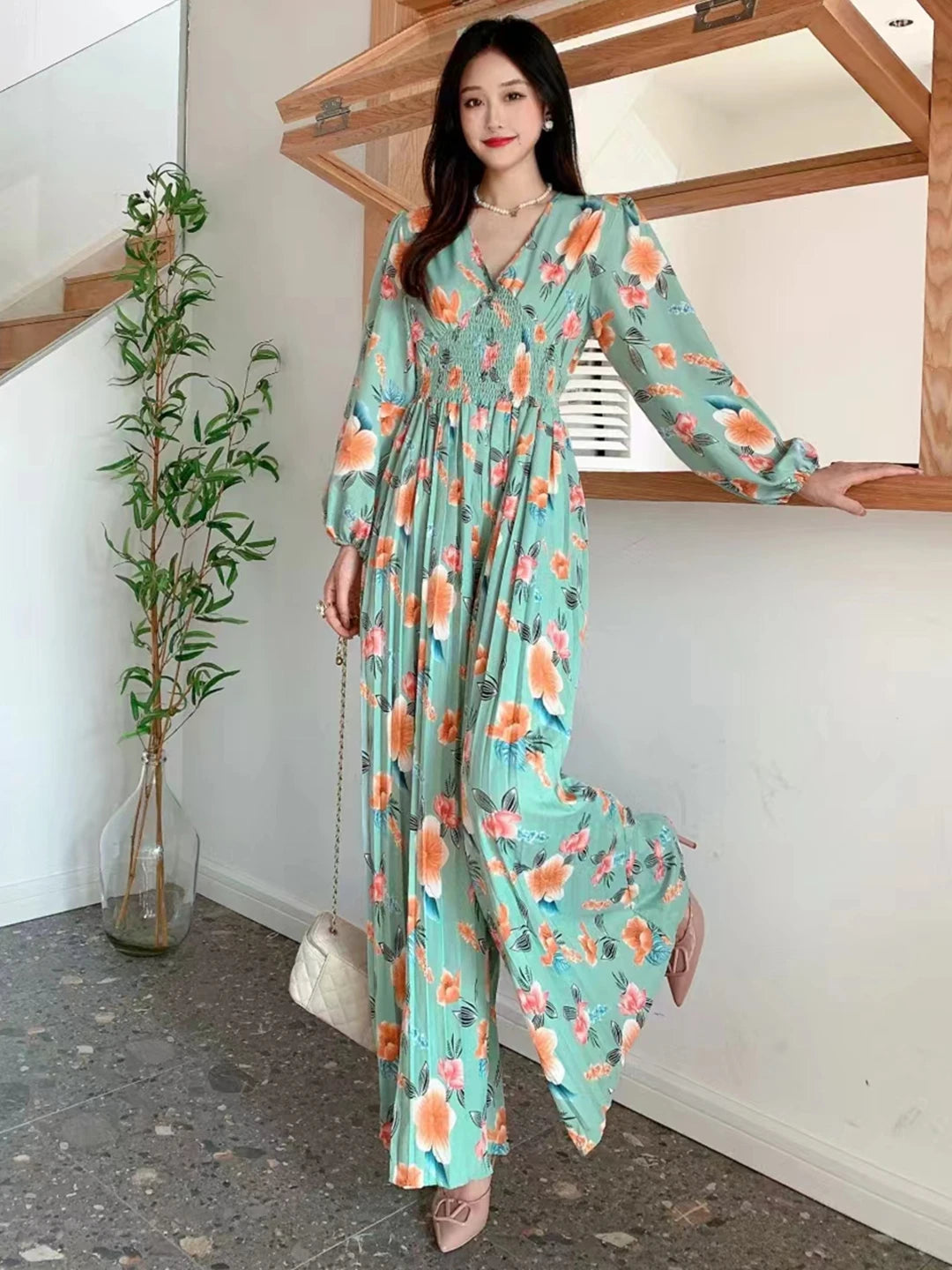 Floral Long-sleeve Maxi Dress With Vibrant Print