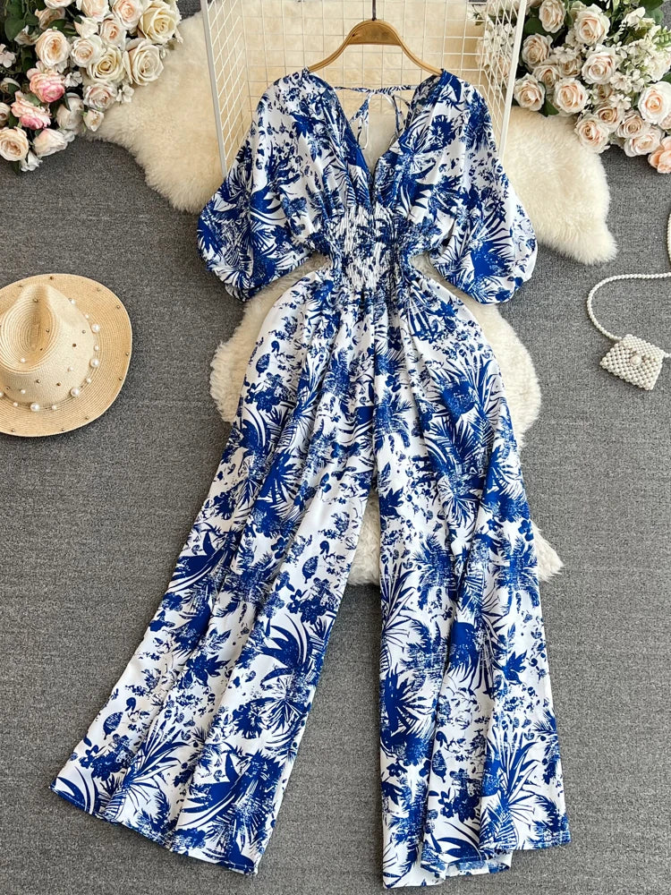 Floral Blue White Long Sleeve Jumpsuit Outfit on Luulla