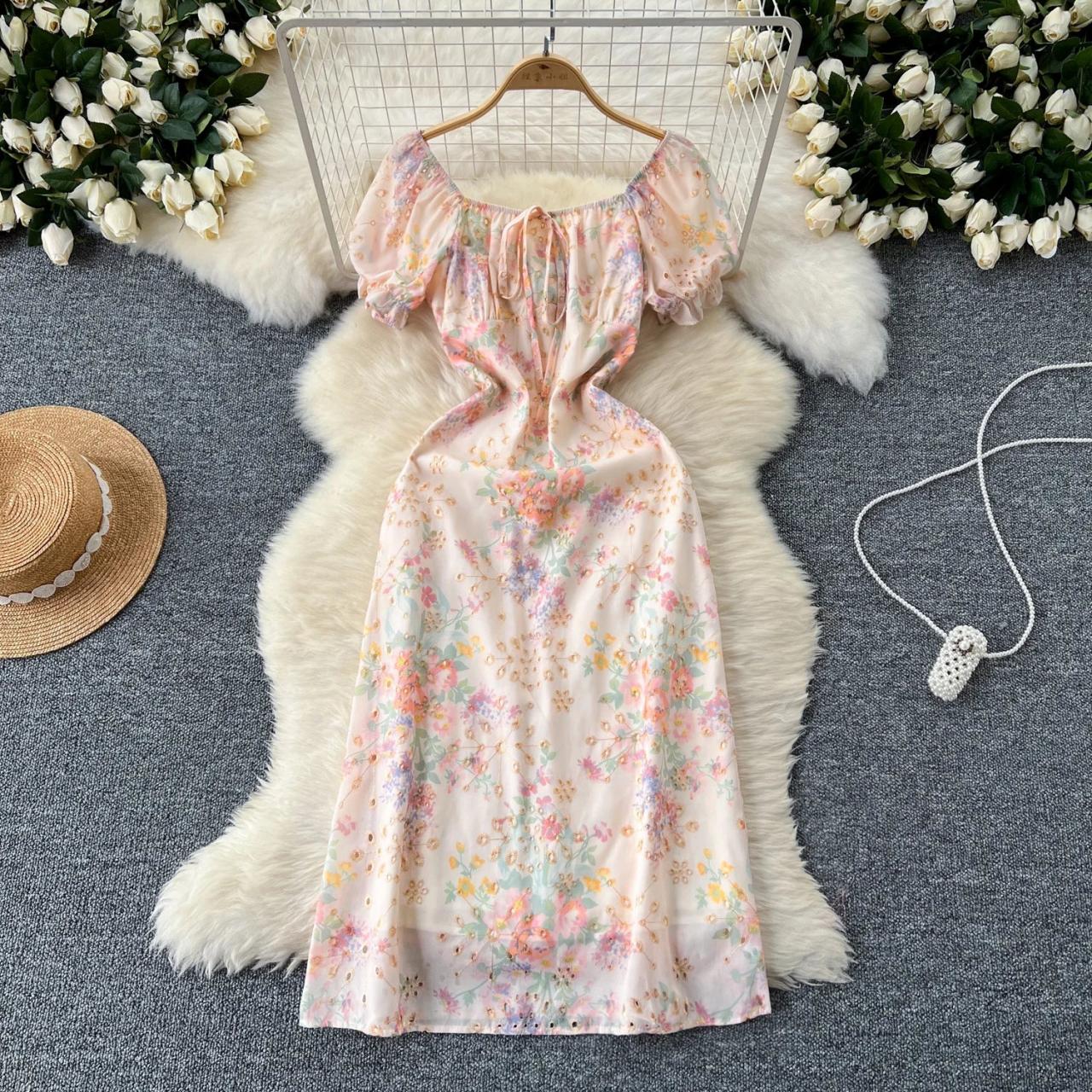 Chic Vintage Print Square Collar Puff Sleeve Cut Out Embroidery Dress Fashion Korean Fashion Slim Summer Ceremonial Dresses