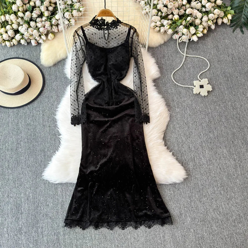 Black Dress Velvet Sheer Dress Velvet Black Dress With Sheer Polka