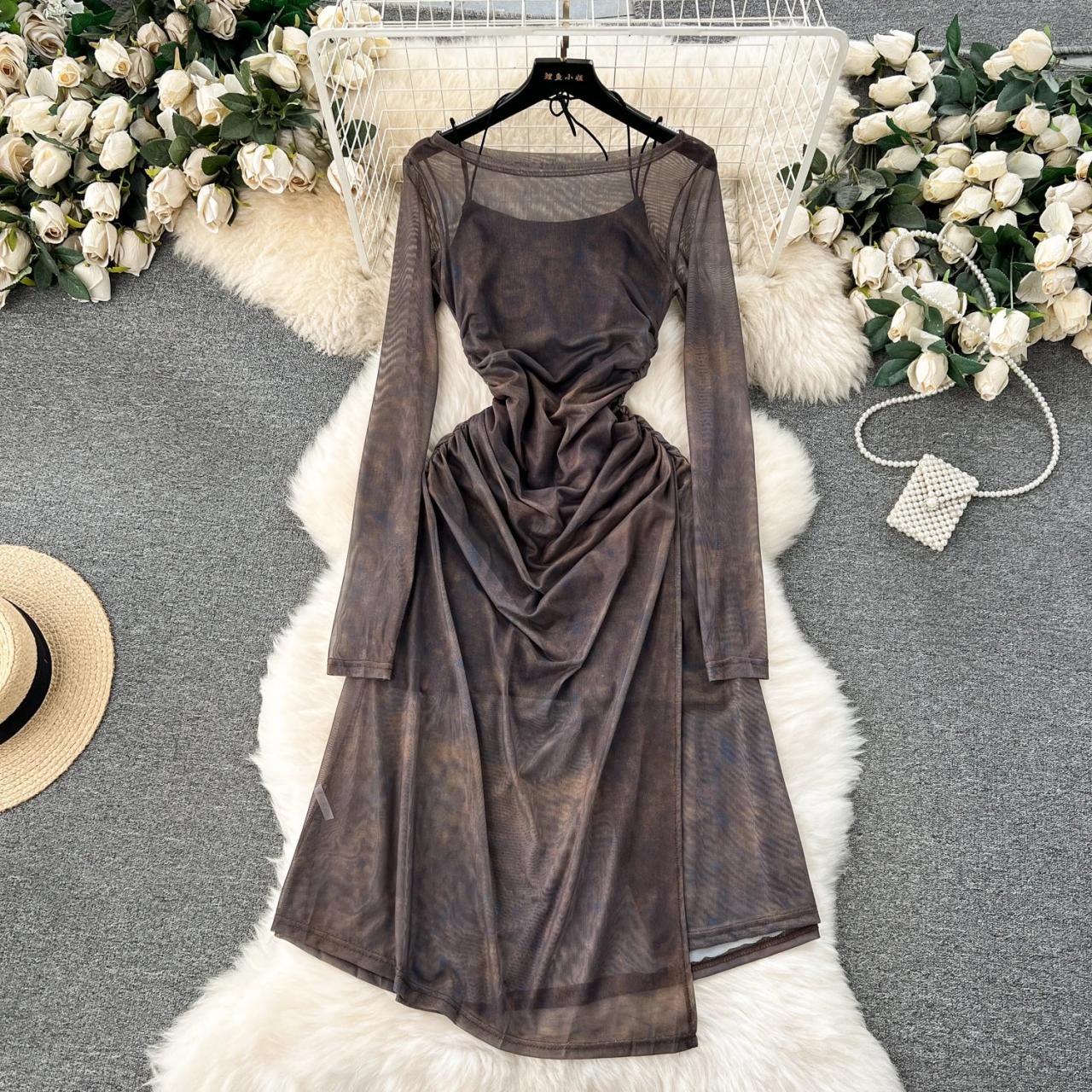 Vintage Long Sleeve Velvet Bodycon Midi Dress on Luulla