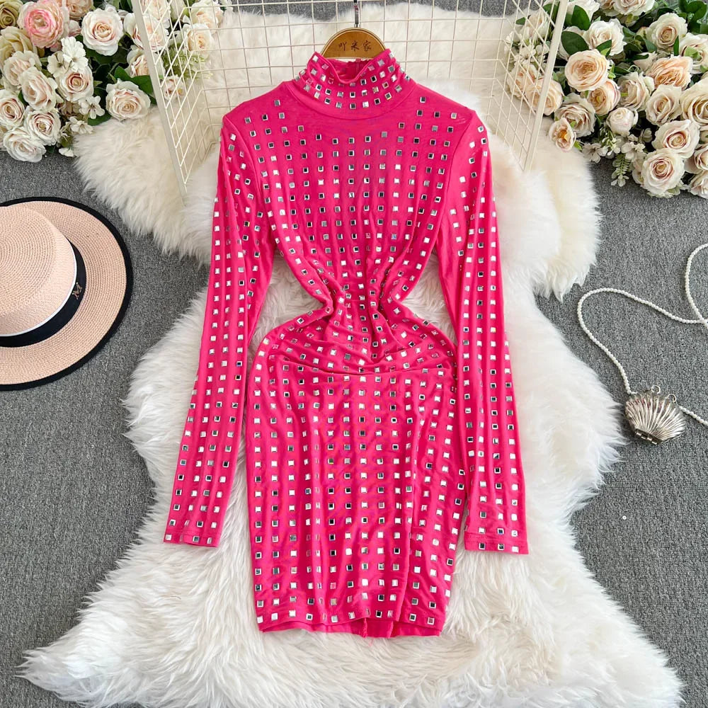 pink long sleeve rhinestone dress Sparkling Pink Rhinestone Long Sleeve Party Dress