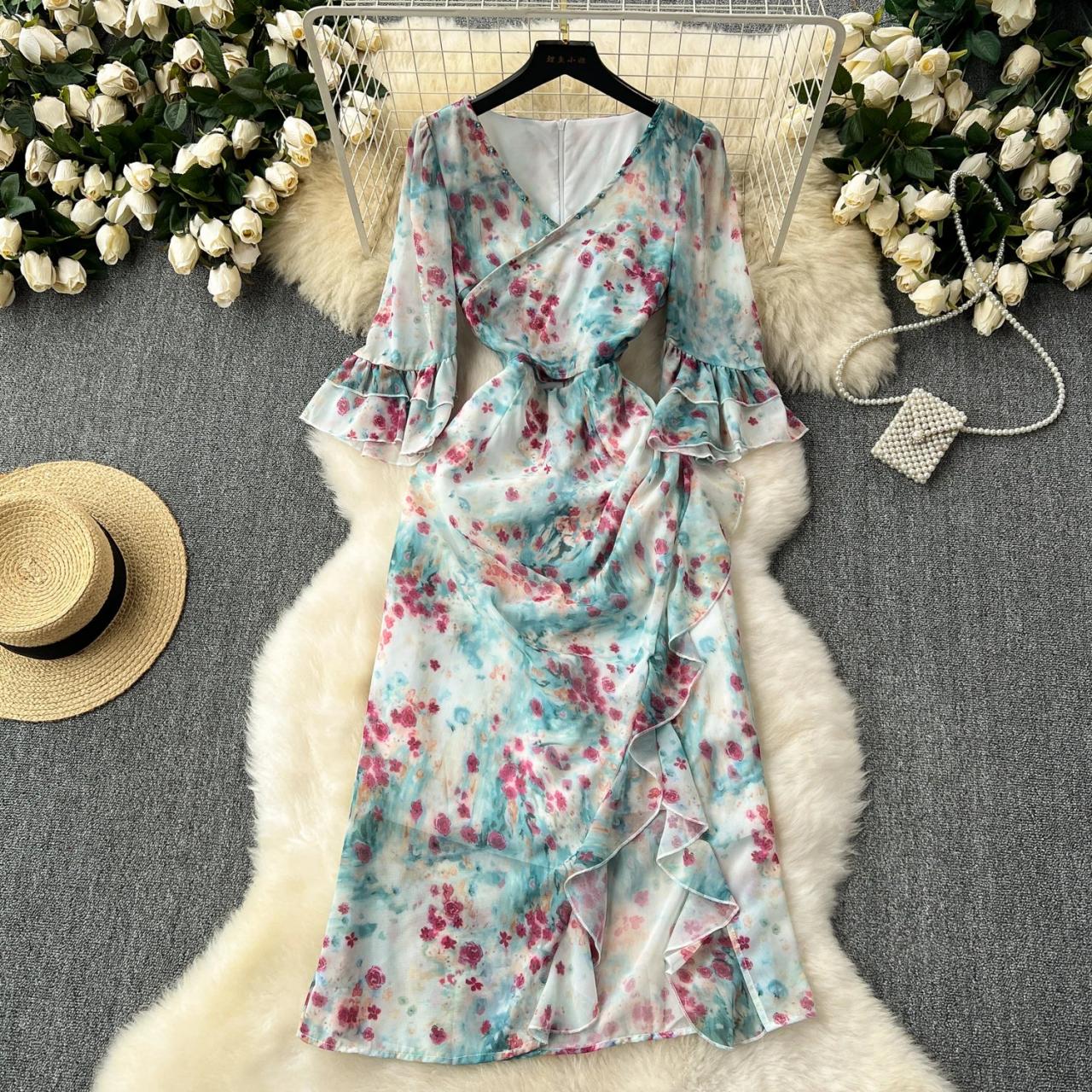 Floral Chiffon Ruffle Wrap Dress, Flowing Sleeves