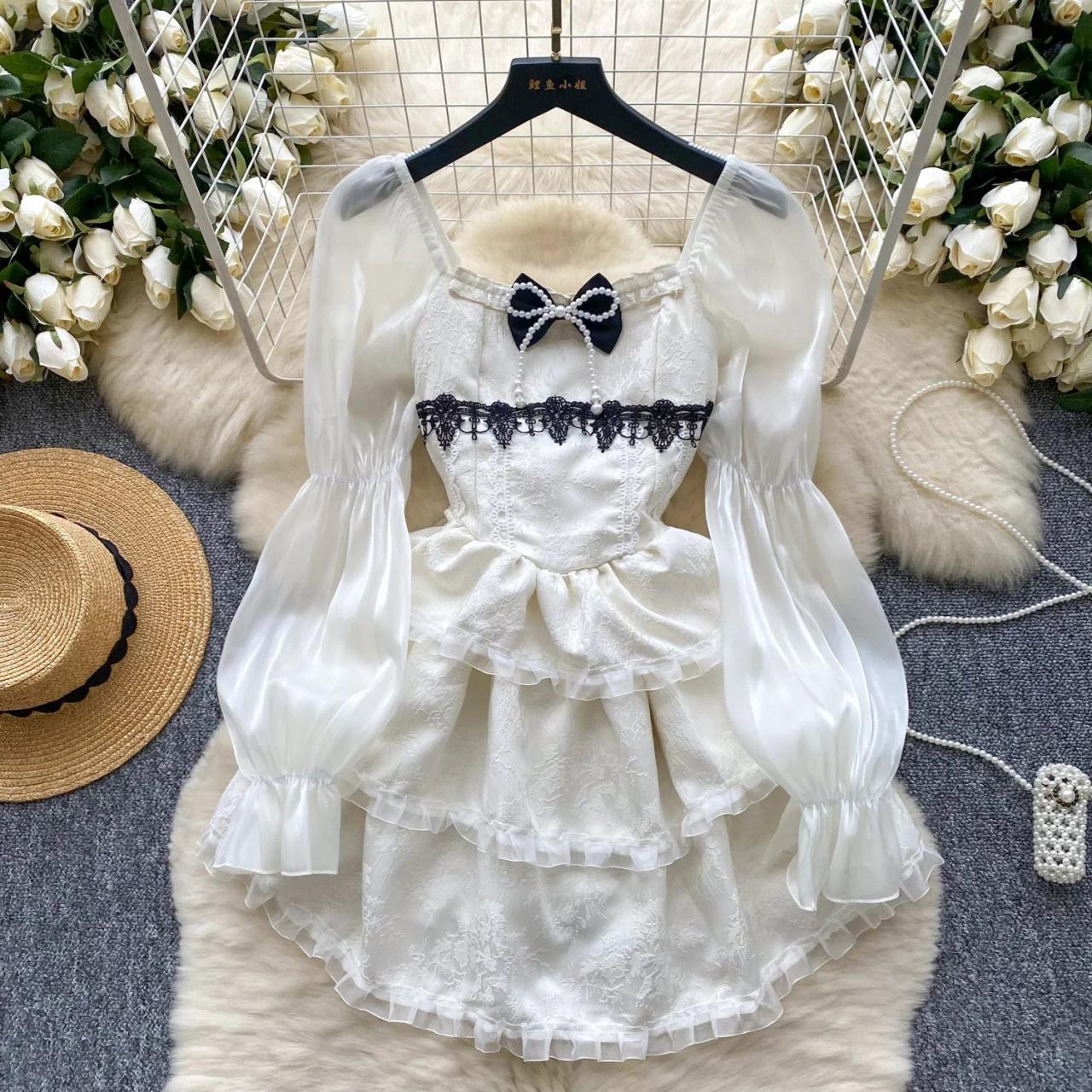 Vintage Lace Dress With Puffy Sleeves Bow on Luulla