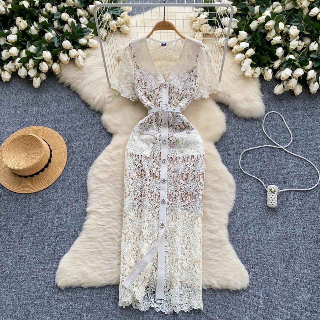 Lace Sheer Dress With Buttons And Belt on Luulla