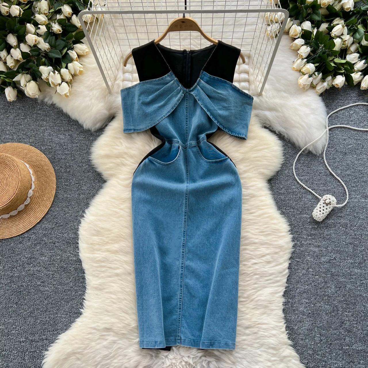 white christmas dresses Denim Cutout Midi Dress M main image 1