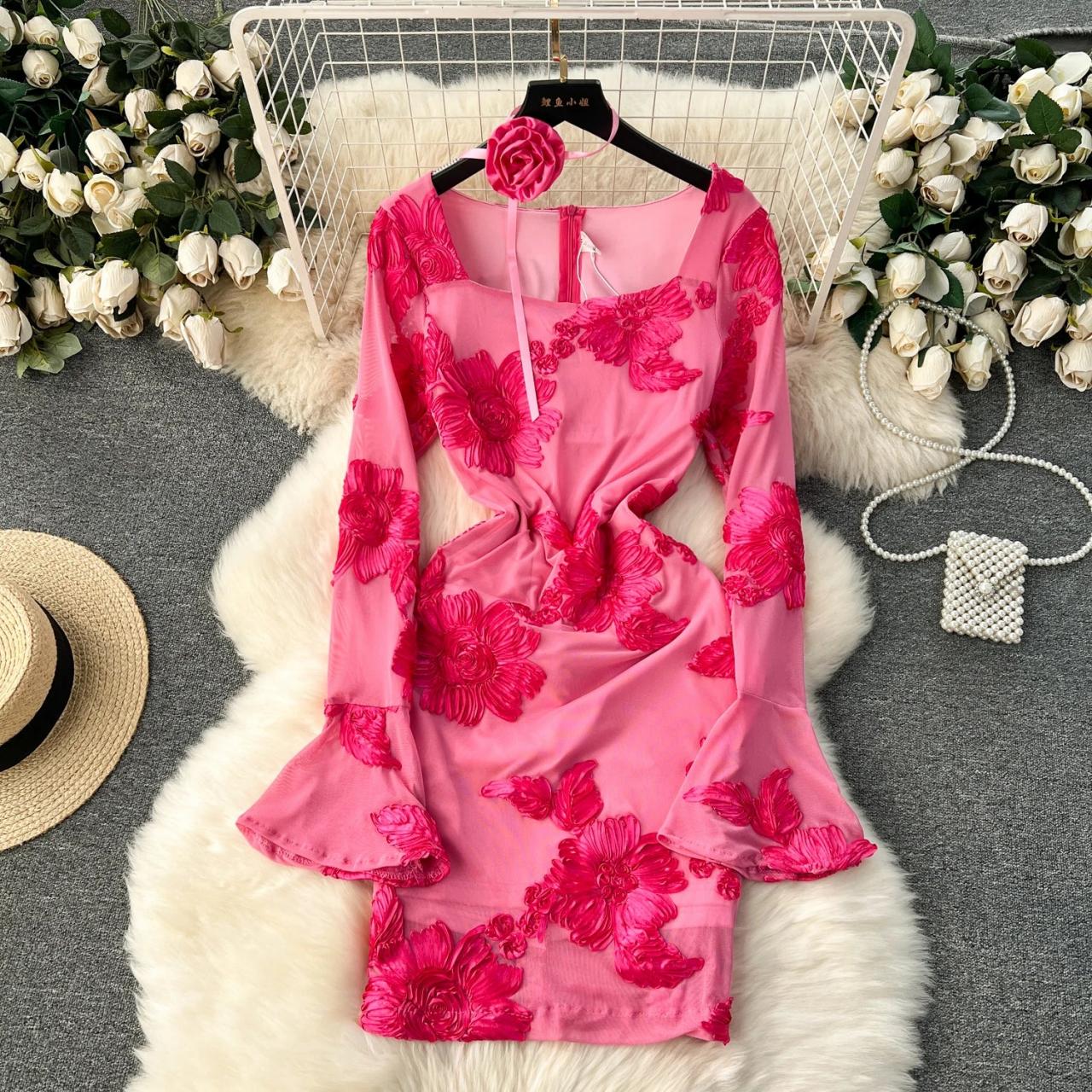 Floral Pink Long-sleeve Dress With Ruffle Hem on Luulla
