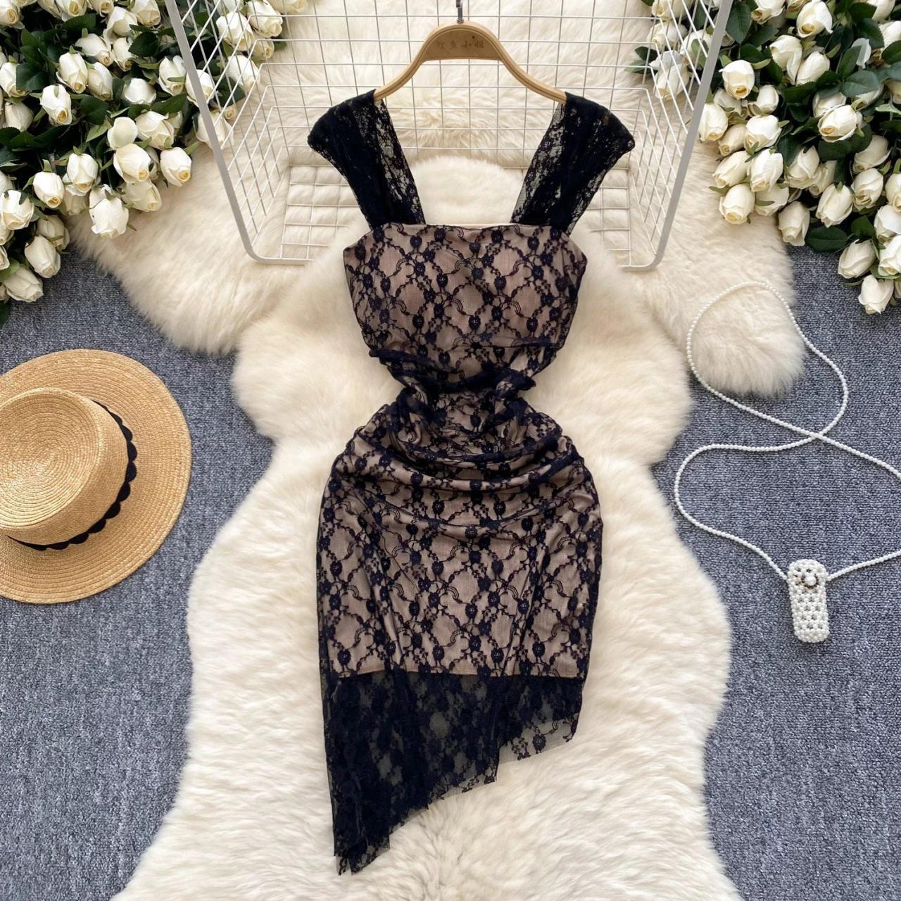 Black Lace Asymmetrical Midi Dress With Straps on Luulla
