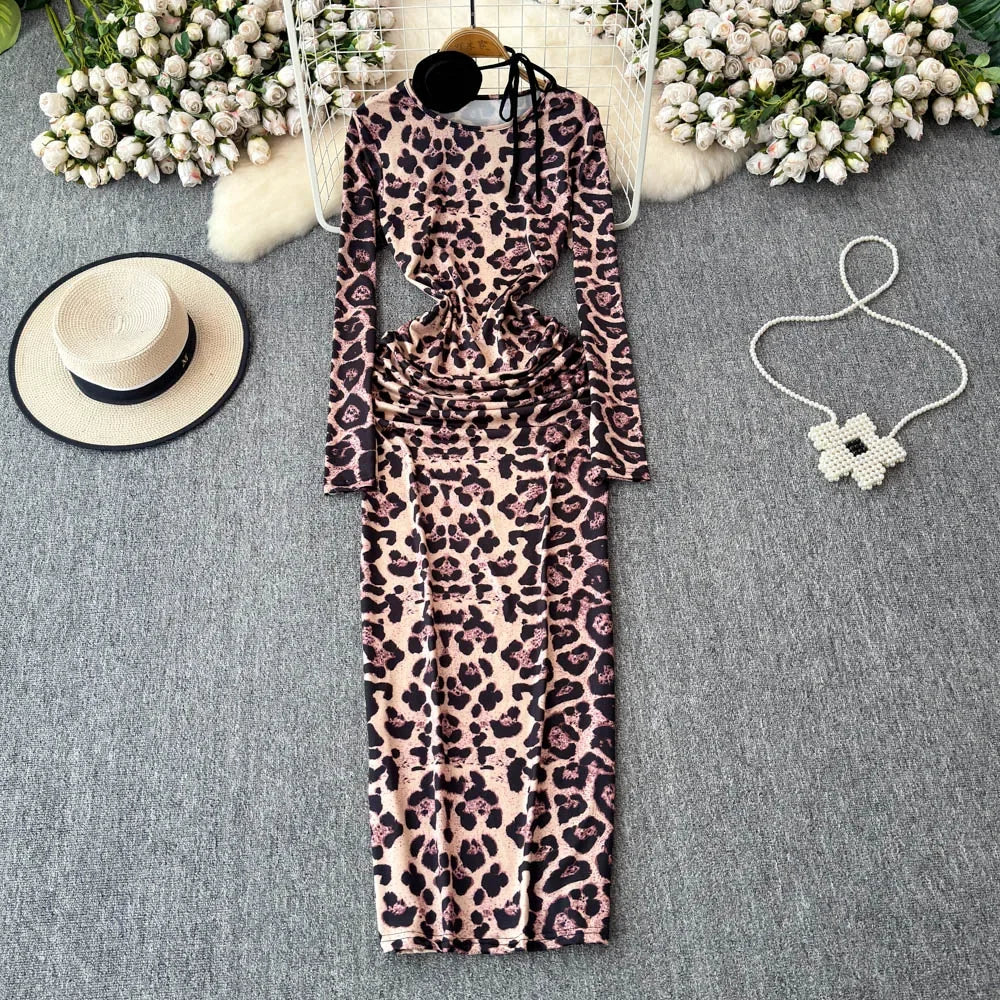 Stylish Leopard Print Long Sleeve Maxi Dress