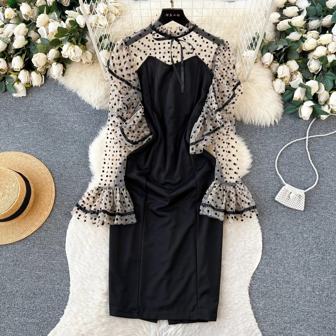 Polka Dot Sheer Sleeve Black Midi Dress