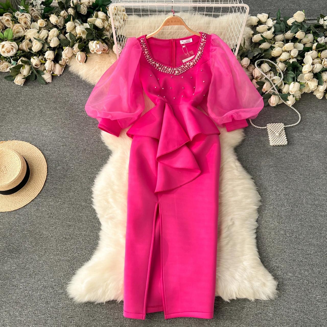 Pink Ruffle Dress With Puff Sleeves And Beaded