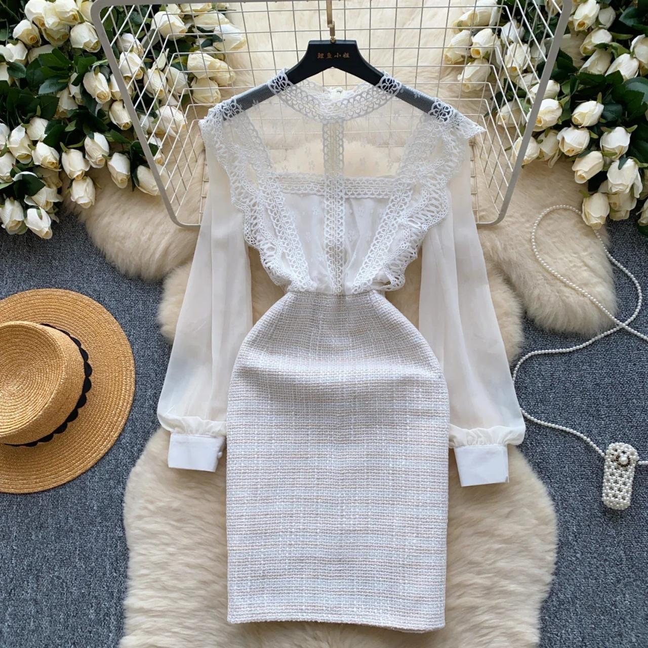 Lace-trimmed White Dress With Sheer Sleeves