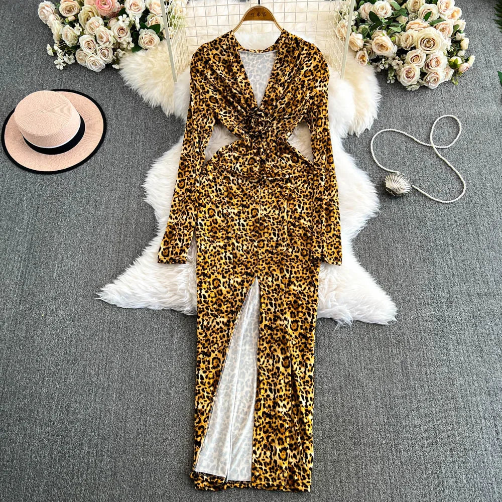 Leopard Print Long Sleeve Cutout Maxi Dress