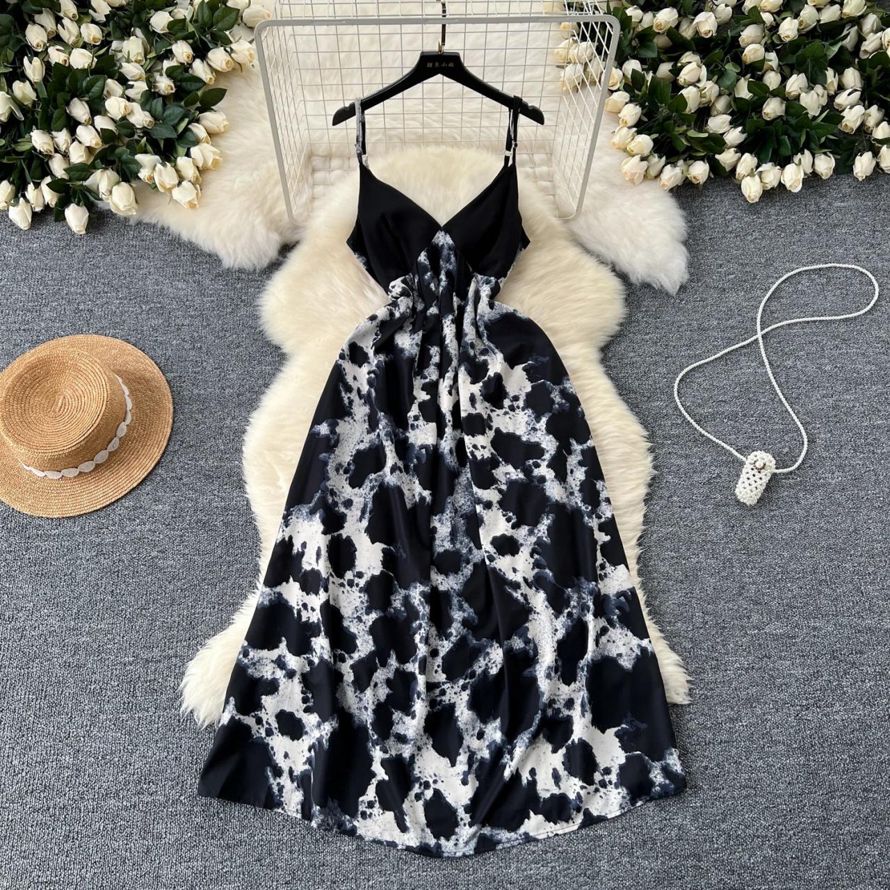 knee length dresses for ladies Hime Maxi Dress in Mono Tie Dye Black and White main image 1