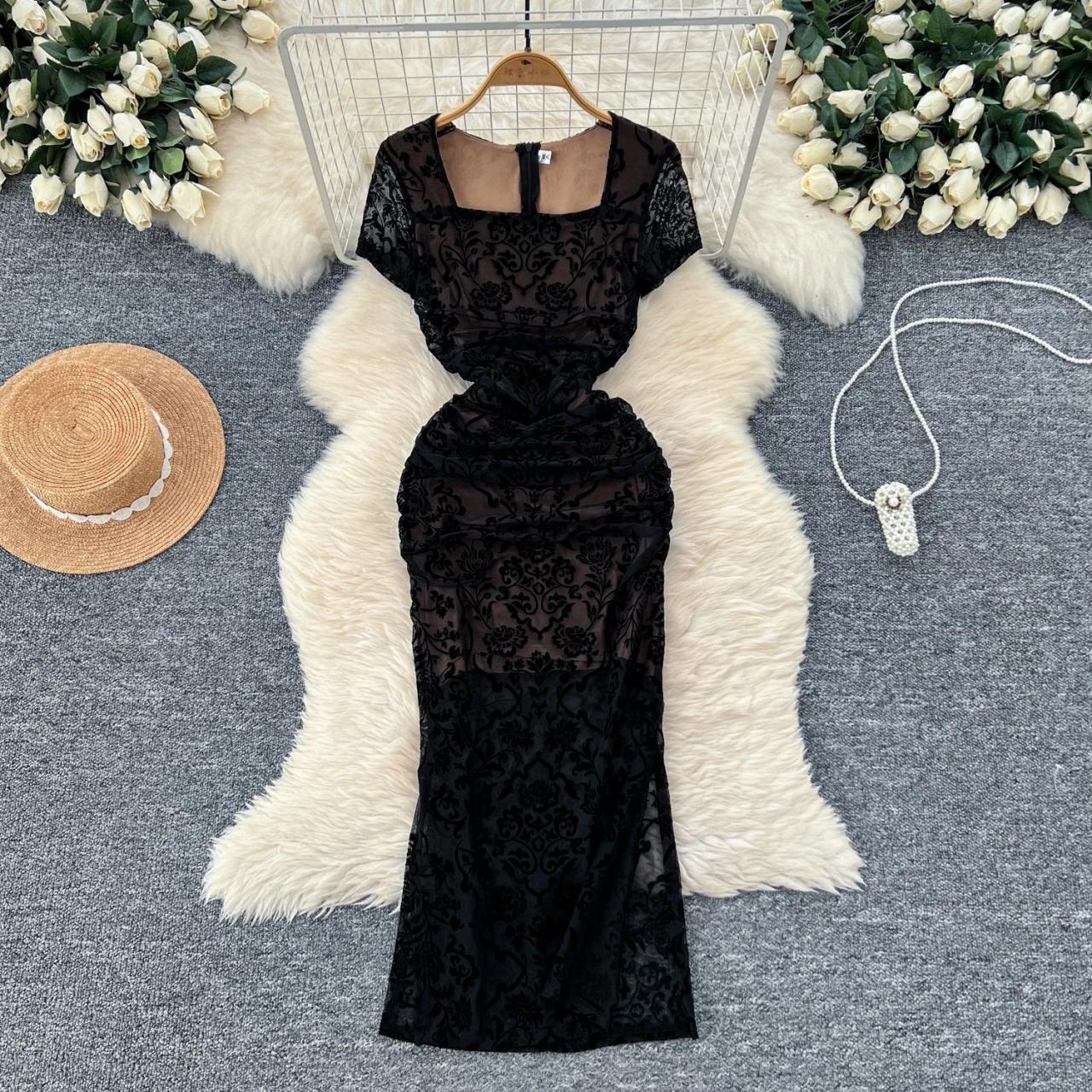 Black Lace Sheer Long Evening Gown Dress