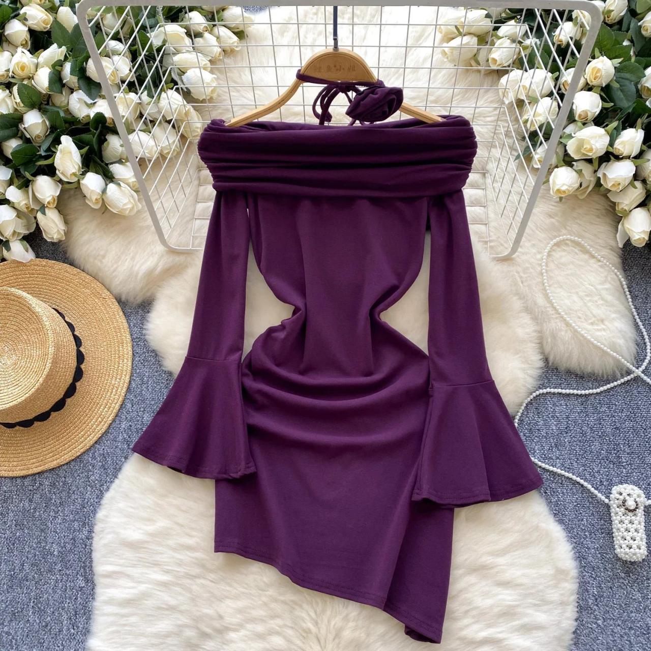 purple flare sleeve dress Halloween Bats Print Mesh Bell Sleeves V-neck Mini Dress Purple