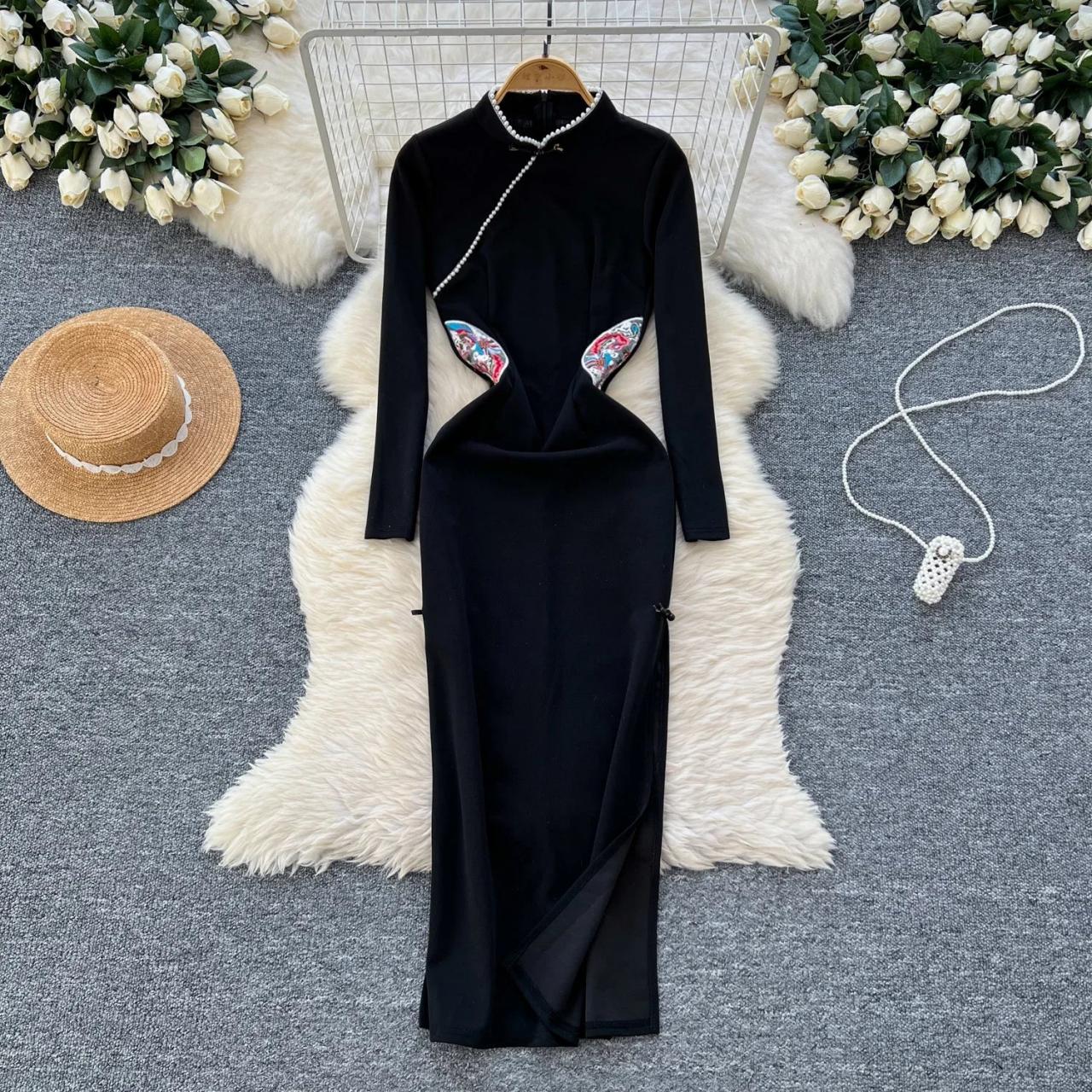 chinese dress ladies Karina Black Glossy Maxi Dress, Black / M main image 0